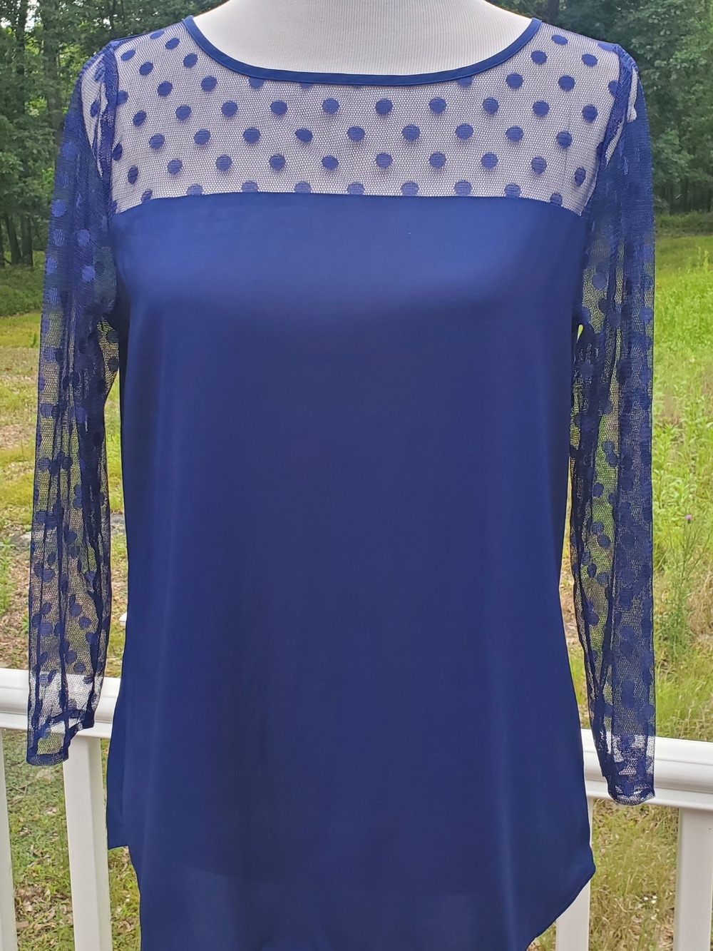 Express Royal Blue Sheer Dot Yoke Long Sleeve Tunic